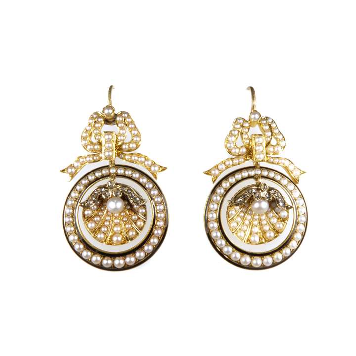 Pair of 19th century pearl, diamond and black enamel pendant shell earrings